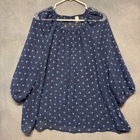 Old Navy Navy Sheer Printed Peasant Blouse XL Boho Cottagecore Geometric Top - Picture 1 of 10